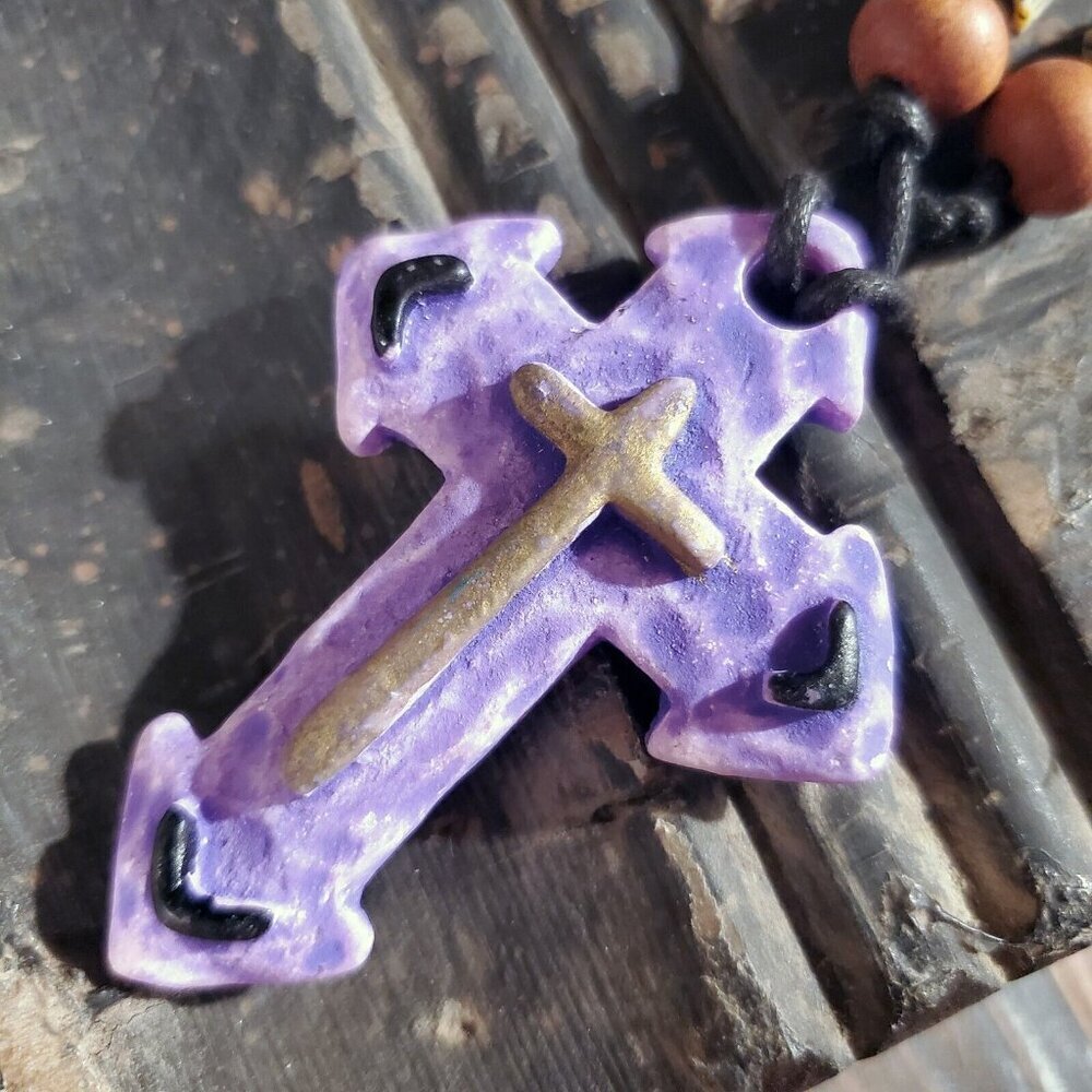 Artisan Christian Cross Unglazed Clay Purple Multicolor OOAK Pendant Necklace